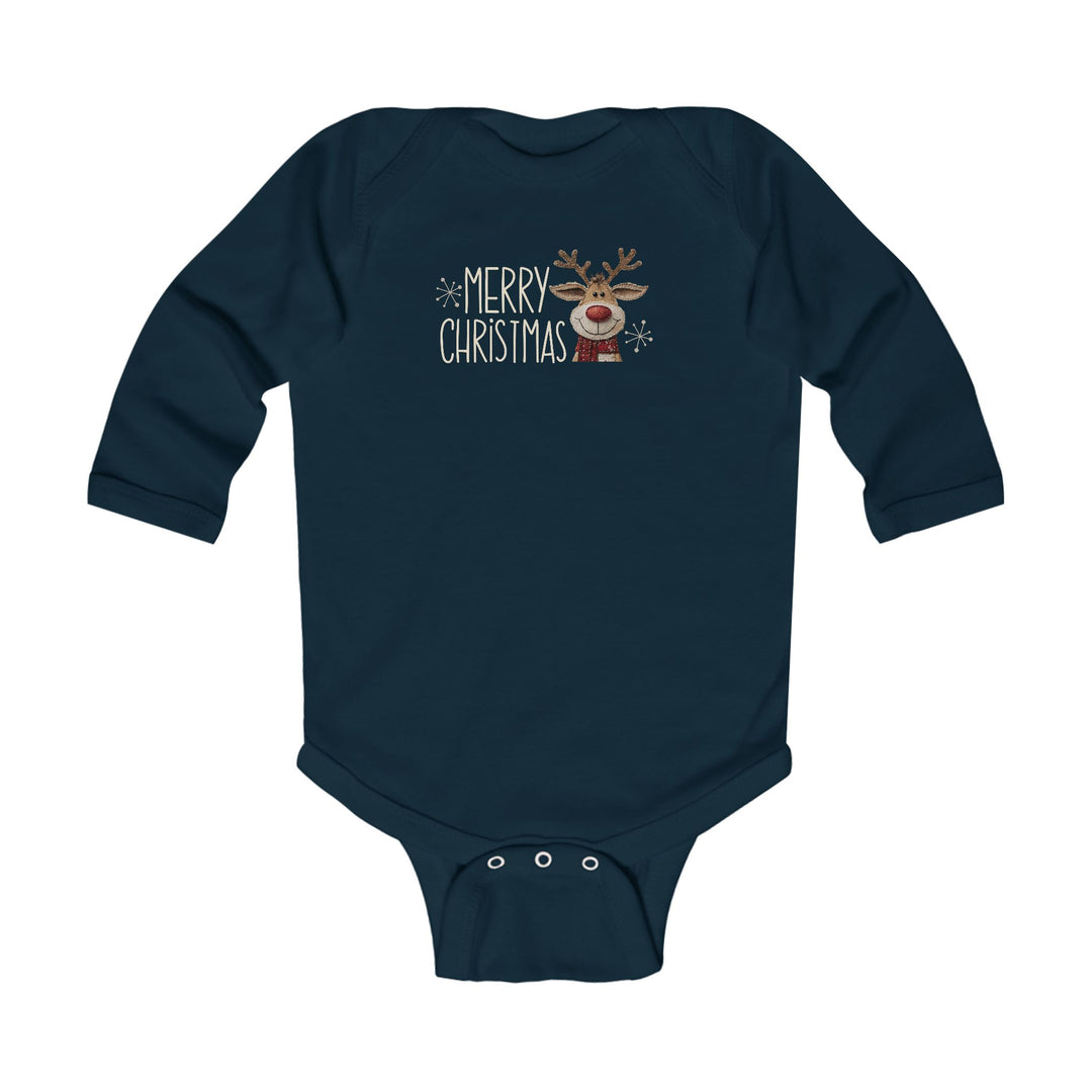 Merry Christmas Reindeer Onesie: Navy long-sleeved baby bodysuit with festive reindeer graphic, featuring snap closures for easy changing, from Faith Family Designs.