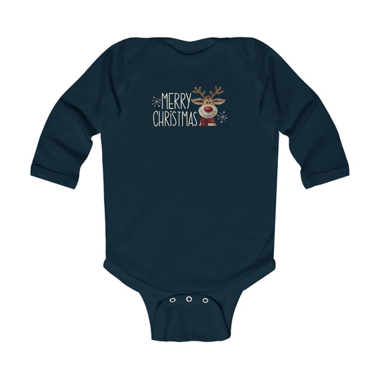 Merry Christmas Reindeer Onesie: Navy long-sleeved baby bodysuit with festive reindeer graphic, featuring snap closures for easy changing, from Faith Family Designs.