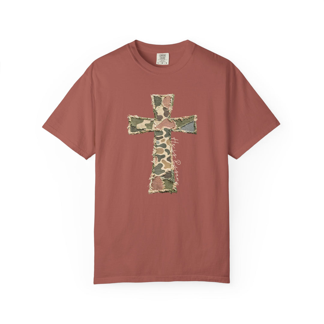 He is Risen Distressed Tee featuring a cross appliqué of frayed camouflage patches on a soft, relaxed-fit, terra-cotta T-shirt.