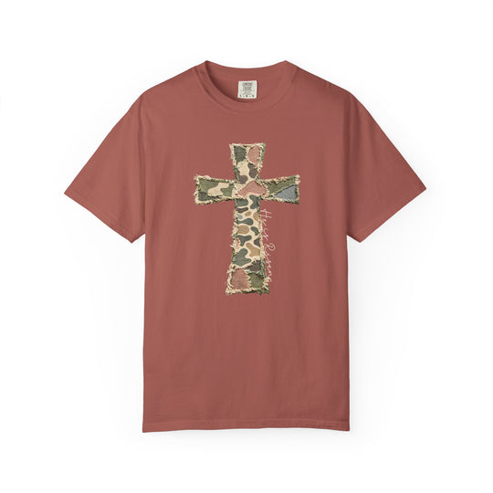 He is Risen Distressed Tee featuring a cross appliqué of frayed camouflage patches on a soft, relaxed-fit, terra-cotta T-shirt.