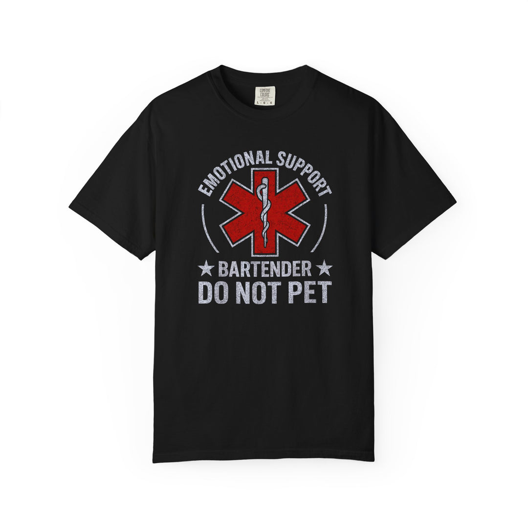 Black T-shirt featuring a red Star of Life emblem and white text: EMOTIONAL SUPPORT BARTENDER DO NOT PET, showcasing a humorous design.