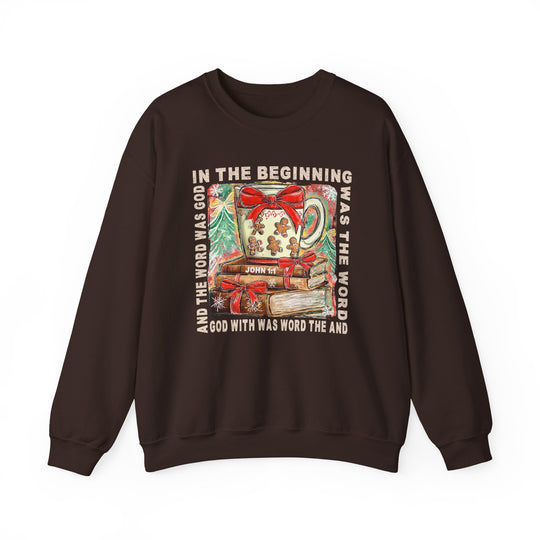 In the Beginning Crew: Dark-brown sweatshirt with Christmas graphic featuring a steaming mug and Biblical verse, ideal for cozy, faith-inspired wear from Faith Family Designs.