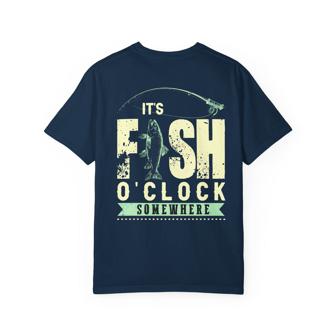 The It's Fish O'clock Somewhere Tee features a relaxed fit and durable stitching, perfect for casual wear. Made from soft, garment-dyed 100% ring-spun cotton.