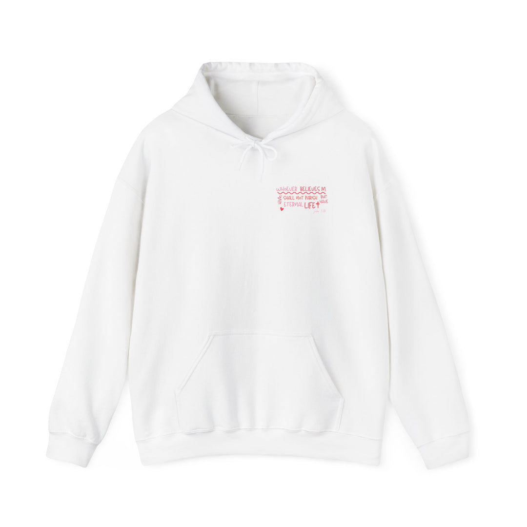 A white John 3:16 hoodie with a logo, kangaroo pocket, and drawstring hood. Unisex heavy blend for warmth and comfort on cold days. Sizes S-5XL. Cotton-polyester fabric, classic fit.