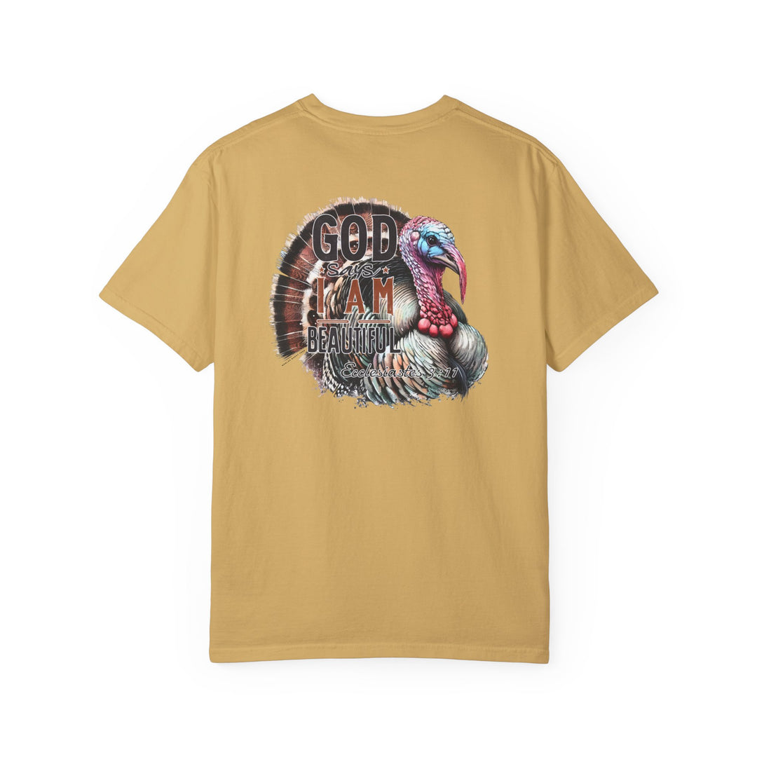 A ring-spun cotton t-shirt featuring a turkey design. Garment-dyed for extra coziness, with double-needle stitching for durability. Relaxed fit for daily wear. From Worlds Worst Tees: I am Beautiful Tee.