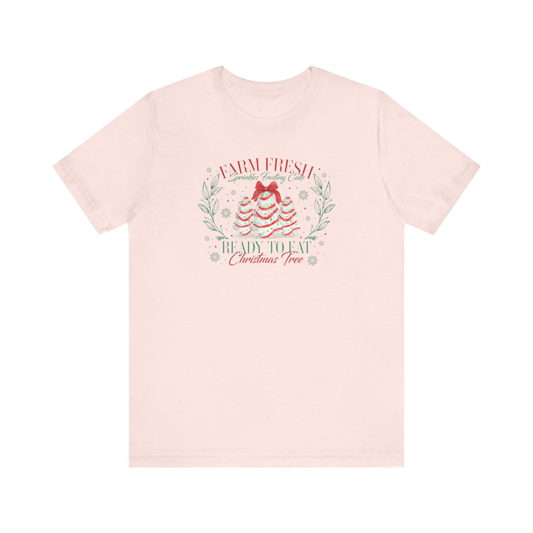 Farm Fresh Cookies Tee with festive cake design resembling Christmas trees, featuring snowflakes and wording. Classic unisex fit, soft cotton, and ribbed collars for lasting shape.