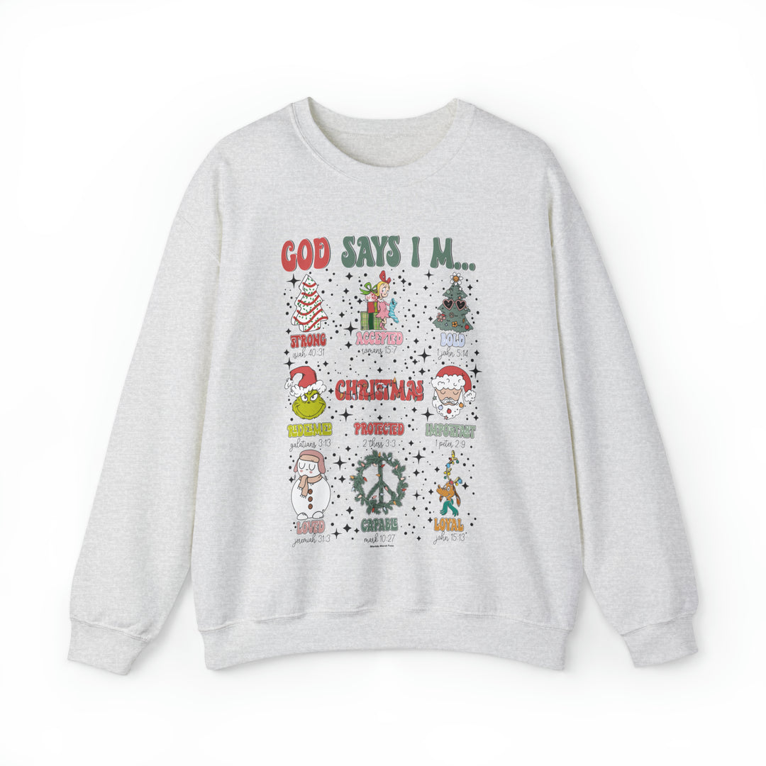A white crewneck sweatshirt with various Christmas designs including Santa Claus, snowman, Christmas tree, and a peace sign. Unisex heavy blend, ribbed knit collar, no itchy side seams. God Says I'm Crew by Worlds Worst Tees.
