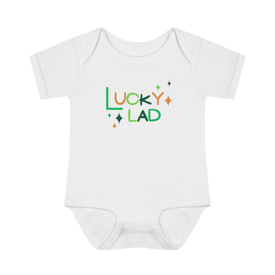 Lucky Lad Onesie: White infant bodysuit with green and orange text. Soft ring-spun cotton, lap shoulders for easy dressing, tear-away label. From Worlds Worst Tees.