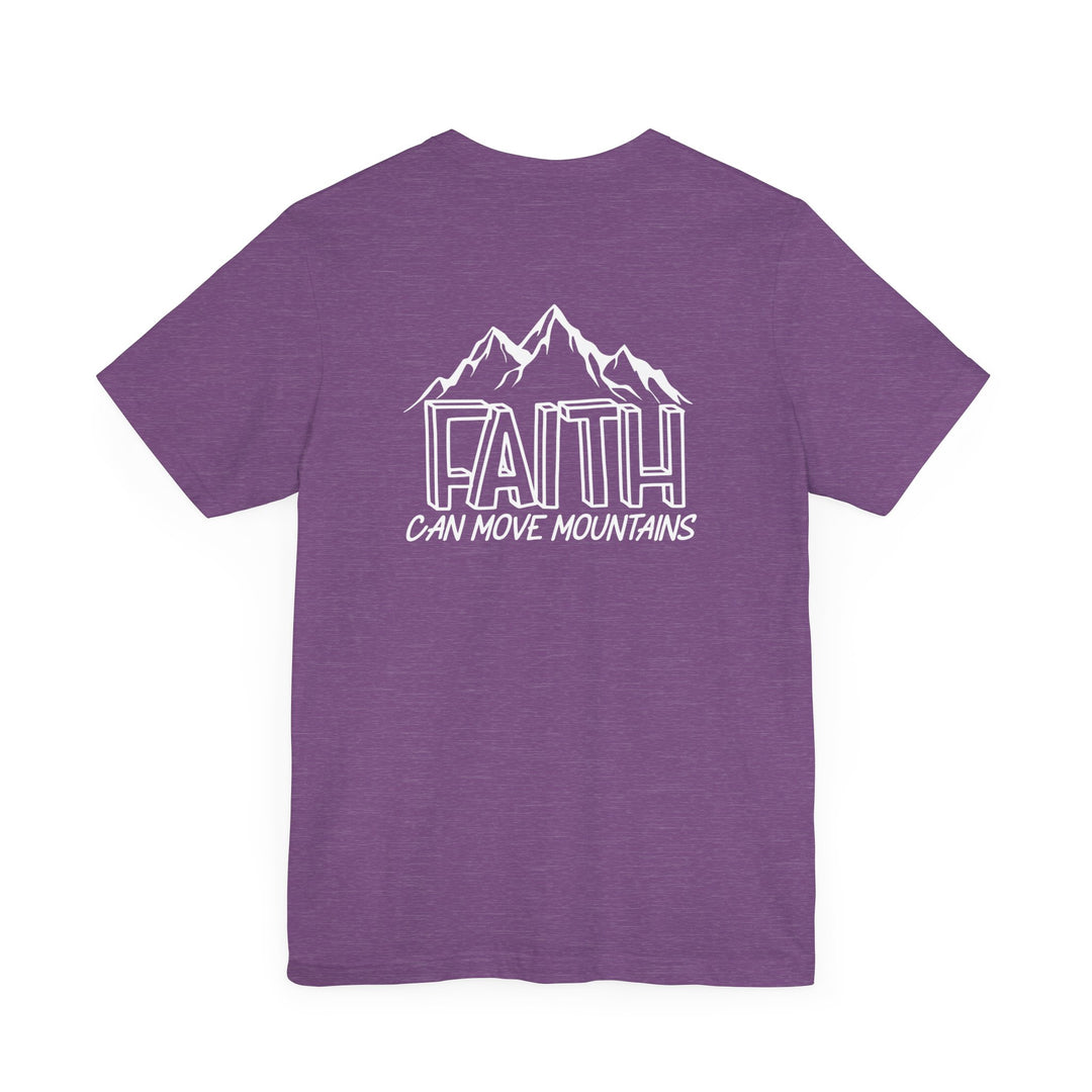 A purple tee with white text, featuring Faith Can Move Mountains design. Unisex jersey tee made of 100% cotton, with ribbed knit collars and tear-away label. Sizes XS to 3XL.