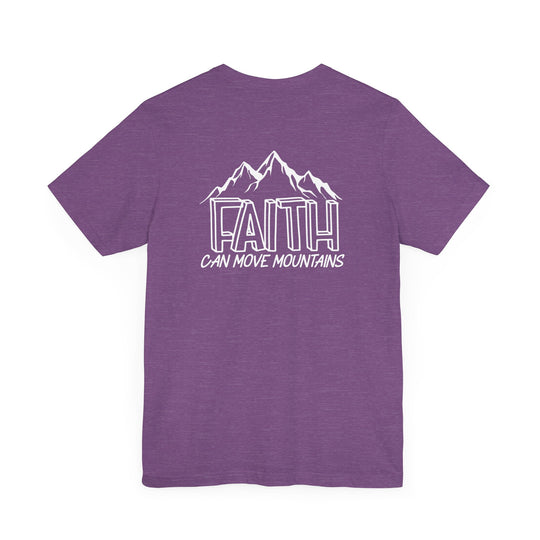 A purple tee with white text, featuring Faith Can Move Mountains design. Unisex jersey tee made of 100% cotton, with ribbed knit collars and tear-away label. Sizes XS to 3XL.