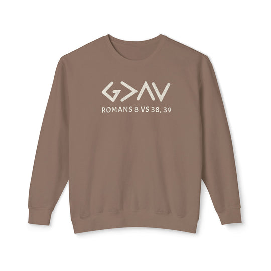 God is Greater Sweatshirt featuring white text on brown, made from soft, ring-spun cotton with a relaxed fit and sustainable sourcing, ideal for casual wear.