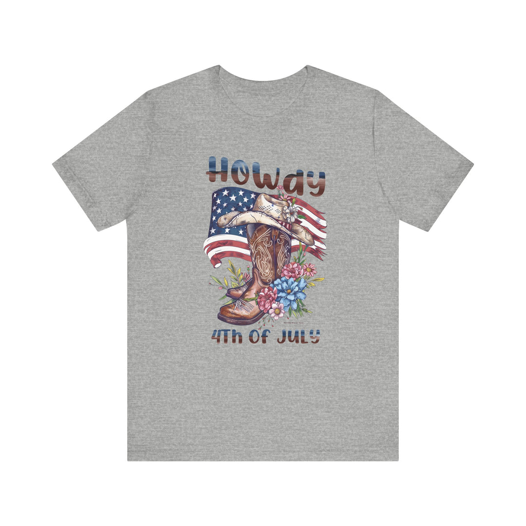 A grey t-shirt featuring a cowboy boot and floral design, part of the Howdy 4th Tee collection. Unisex jersey tee made of 100% Airlume combed cotton, with ribbed knit collars and taping for durability.
