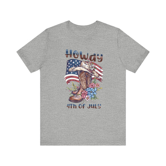 A grey t-shirt featuring a cowboy boot and floral design, part of the Howdy 4th Tee collection. Unisex jersey tee made of 100% Airlume combed cotton, with ribbed knit collars and taping for durability.