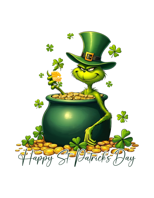 Grinchy St Patrick's Day Toddler's Tee featuring a cartoon green character in a pot of gold, perfect for sensitive skin with a soft, durable fabric.