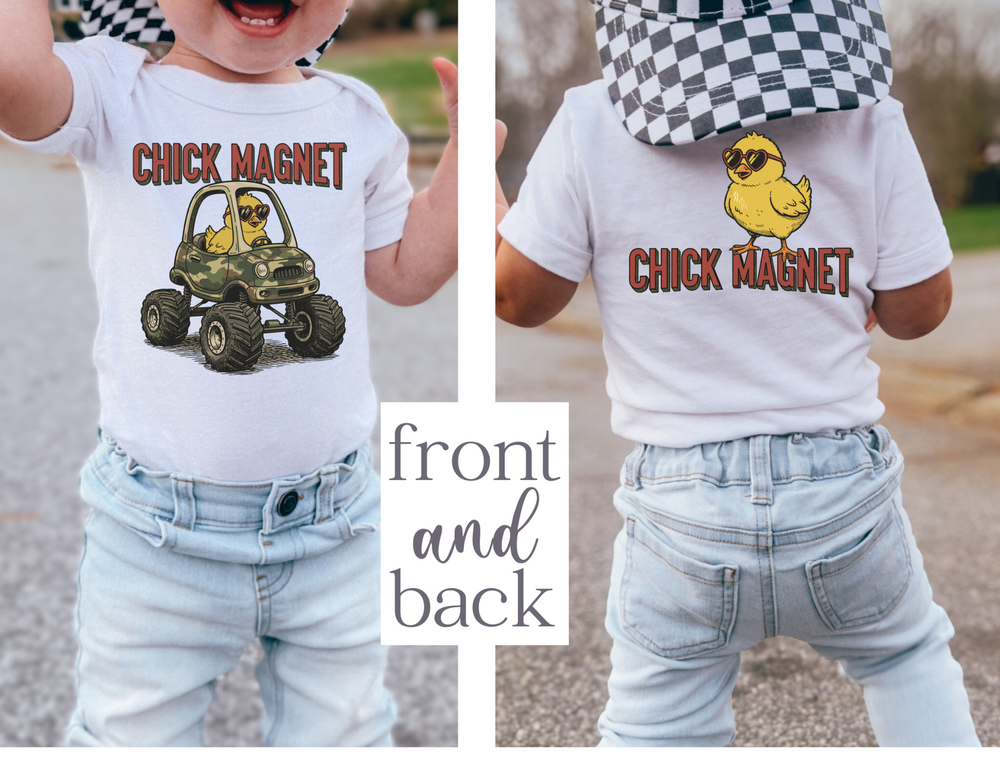Toddler wearing a Chick Magnet Kids Tee featuring a cartoon chick on a monster truck front and a chic chick with sunglasses on the back.
