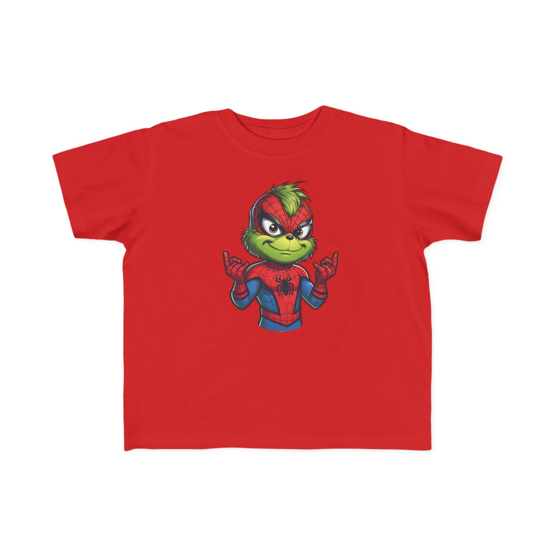 Christmas Spider Toddler Tee featuring a Grinch-like character in a Spider-Man suit, perfect for toddlers with its soft, durable cotton fabric and playful design.