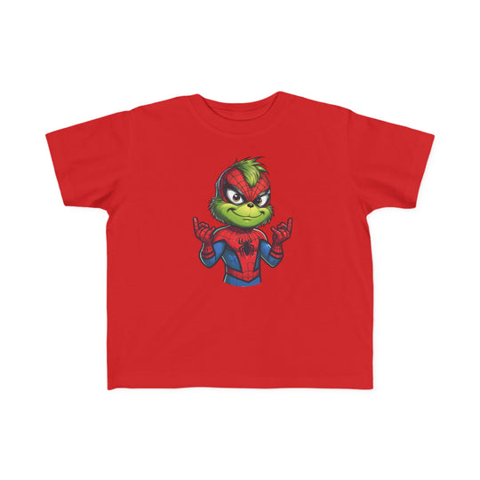Christmas Spider Toddler Tee featuring a Grinch-like character in a Spider-Man suit, perfect for toddlers with its soft, durable cotton fabric and playful design.