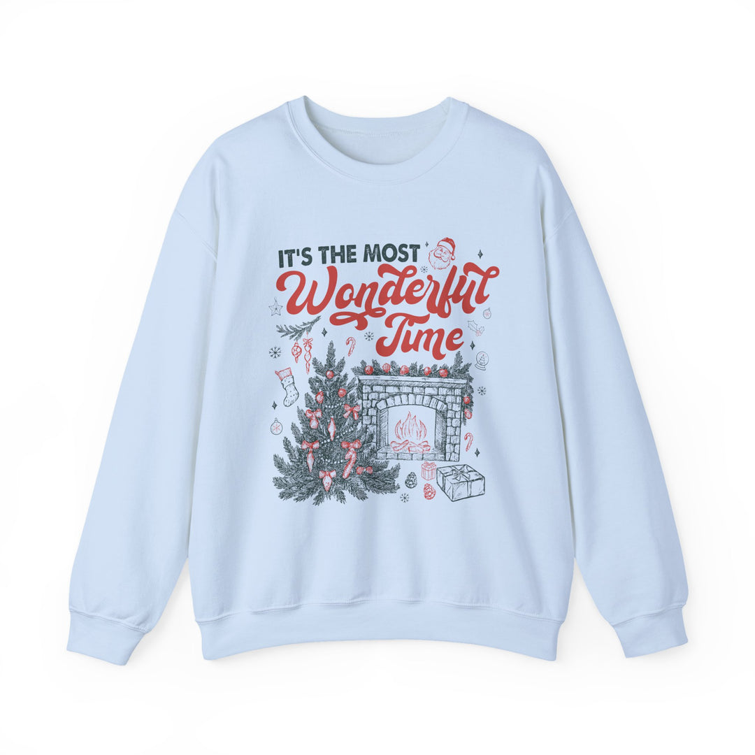 Most Wonderful Time of the Year Crew sweatshirt with festive holiday graphics, featuring Santa, Christmas tree, and cozy fireplace, ideal for comfort and style.