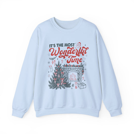 Most Wonderful Time of the Year Crew sweatshirt with festive holiday graphics, featuring Santa, Christmas tree, and cozy fireplace, ideal for comfort and style.