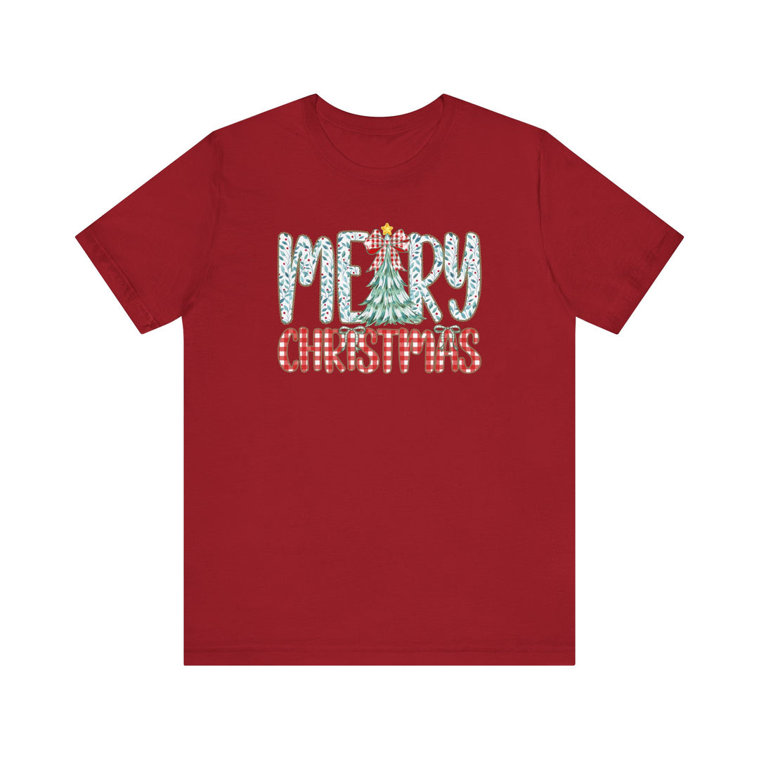 Red Tree Christmas Tee with MERRY in holly-leaf pattern and Christmas tree, CHRISTMAS in gingham pattern, short-sleeve, unisex fit, soft cotton.