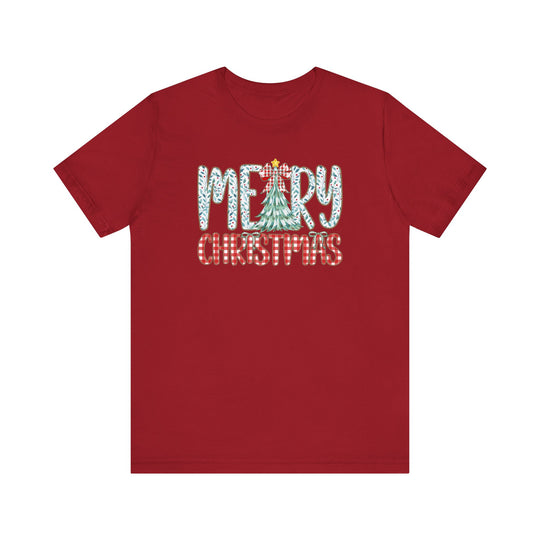 Red Tree Christmas Tee with MERRY in holly-leaf pattern and Christmas tree, CHRISTMAS in gingham pattern, short-sleeve, unisex fit, soft cotton.