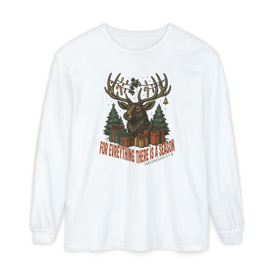 White long-sleeve T-shirt with festive deer-head graphic, adorned antlers, Christmas trees, gifts, and Bible verse, For everything there is a season. Classic fit, 100% ring-spun cotton.