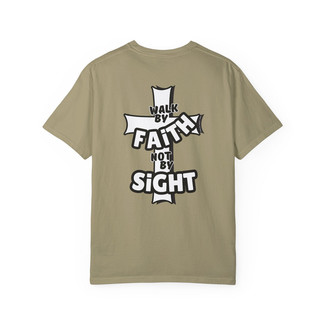 A Walk By Faith Not By Sight Tee, a back view of a garment-dyed t-shirt with a cross design. 100% ring-spun cotton, medium weight, relaxed fit, durable double-needle stitching, and seamless sides for comfort.