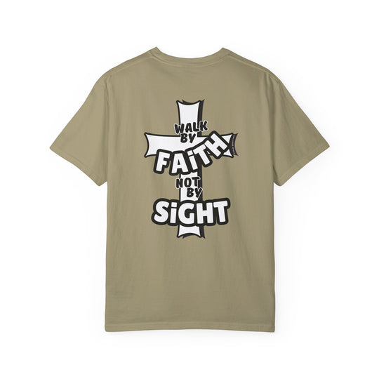 A Walk By Faith Not By Sight Tee, a back view of a garment-dyed t-shirt with a cross design. 100% ring-spun cotton, medium weight, relaxed fit, durable double-needle stitching, and seamless sides for comfort.