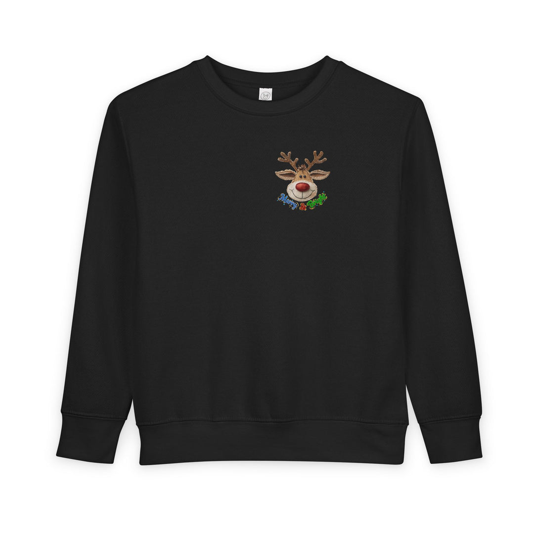 Merry and Bright Toddler Crew: Black sweatshirt with a cartoon reindeer and Merry & Bright text, offering warmth and comfort for toddlers.