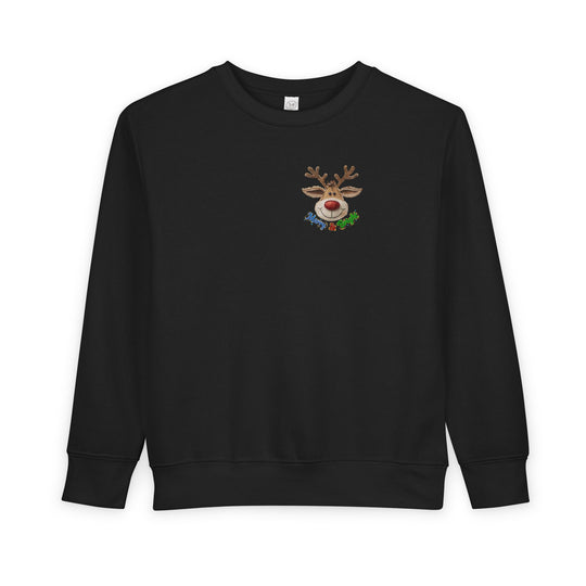Merry and Bright Toddler Crew: Black sweatshirt with a cartoon reindeer and Merry & Bright text, offering warmth and comfort for toddlers.