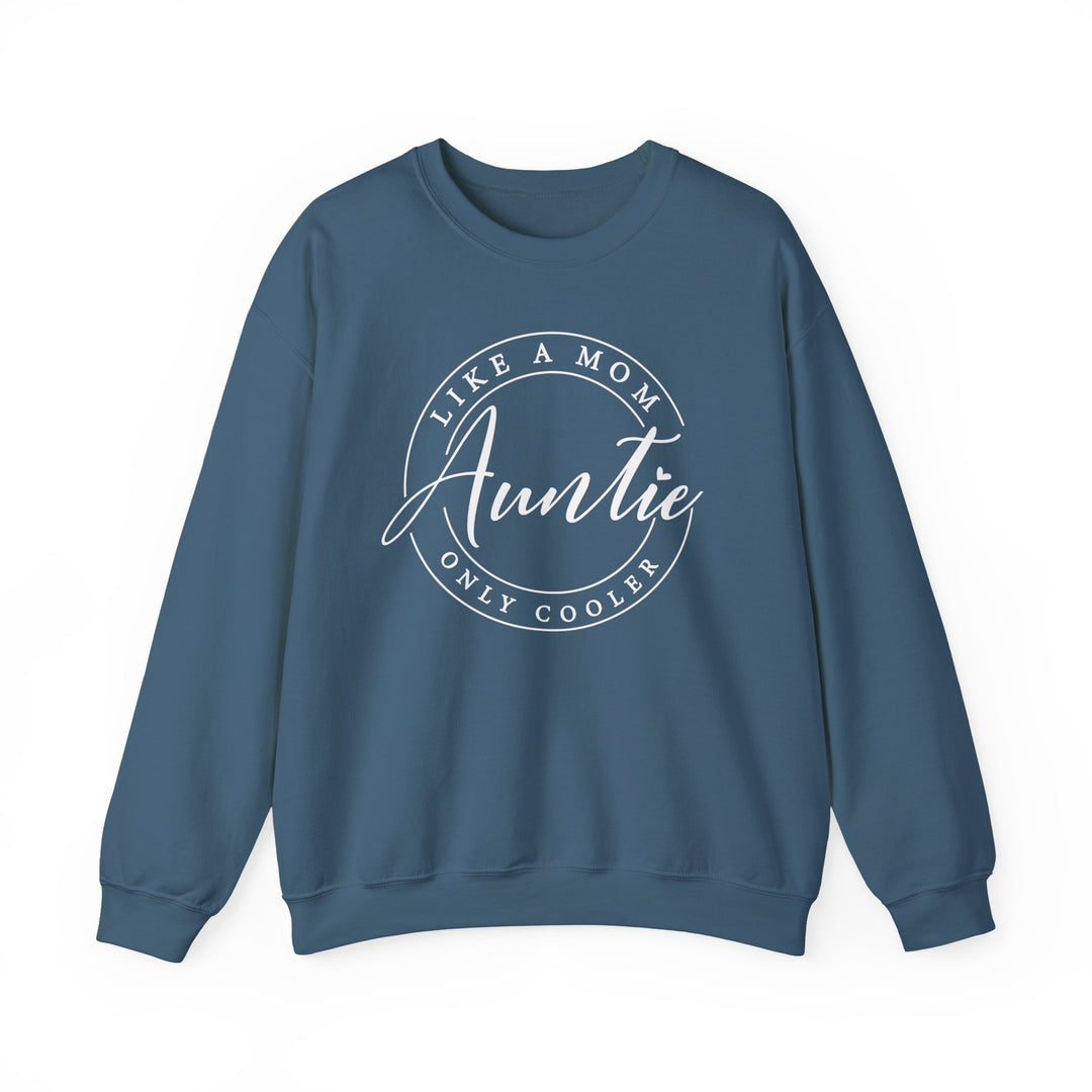 Blue Auntie Crew sweatshirt with white text, featuring a ribbed knit collar and a comfortable, loose fit. Ideal unisex garment from Worlds Worst Tees.