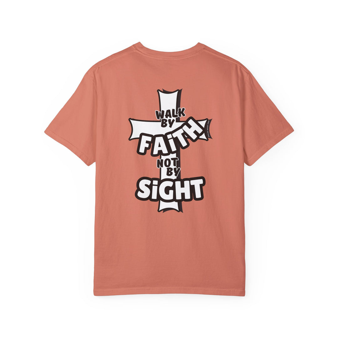 A relaxed fit Walk By Faith Not By Sight Tee, crafted from 100% ring-spun cotton. Garment-dyed for coziness, with double-needle stitching for durability and a seamless design for a tubular shape.