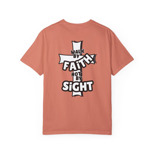 A relaxed fit Walk By Faith Not By Sight Tee, crafted from 100% ring-spun cotton. Garment-dyed for coziness, with double-needle stitching for durability and a seamless design for a tubular shape.