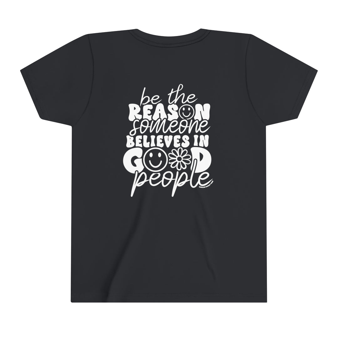 Youth black tee with white text, ideal for kids. Lightweight, ring-spun cotton for comfort. Features tear away label, ribbed collar, and side seams for shape. Perfect canvas for custom artwork.