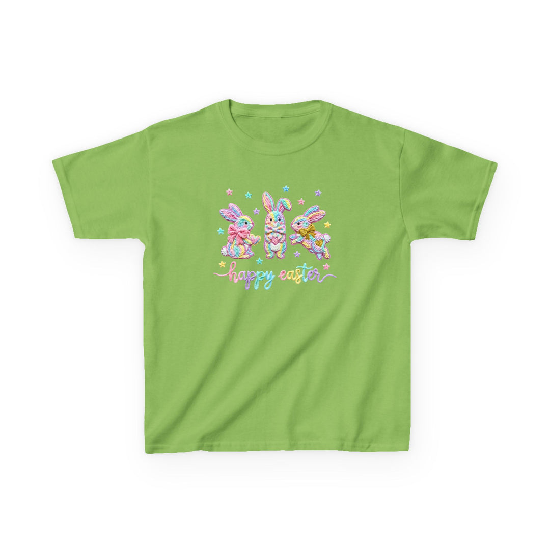 Easter Bunny Kids Tee featuring pastel cartoon bunnies and happy easter text, ideal for everyday wear with soft, durable cotton fabric.