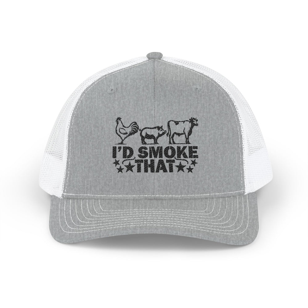 I'd Smoke That Snapback Trucker Cap with embroidery, featuring a classic 6-panel design, adjustable snap closure, pre-curved visor, and breathable mesh back.