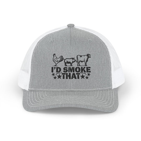 I'd Smoke That Snapback Trucker Cap with embroidery, featuring a classic 6-panel design, adjustable snap closure, pre-curved visor, and breathable mesh back.