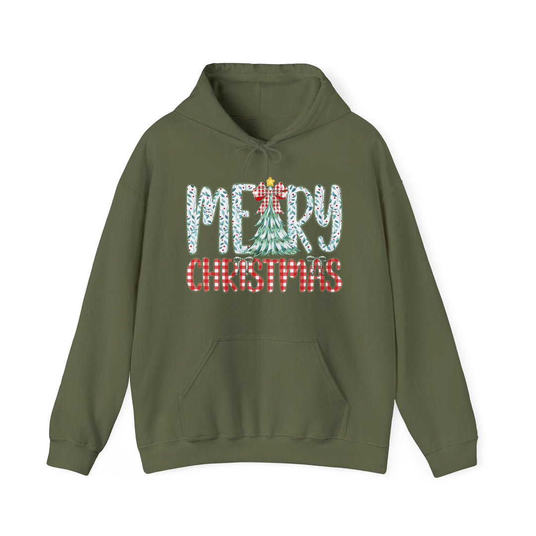 Olive-green Tree Christmas Hoodie featuring a festive “Merry Christmas” design with holly-leaf lettering and gingham font, front kangaroo pocket, and drawstring hood.