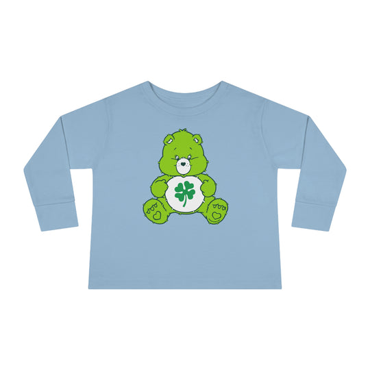A durable Lucky Bear Toddler Long Sleeve Tee made of 100% cotton, featuring a green bear with a clover cartoon, perfect for active kids. Designed for comfort and longevity with ribbed collar and EasyTear™ label.