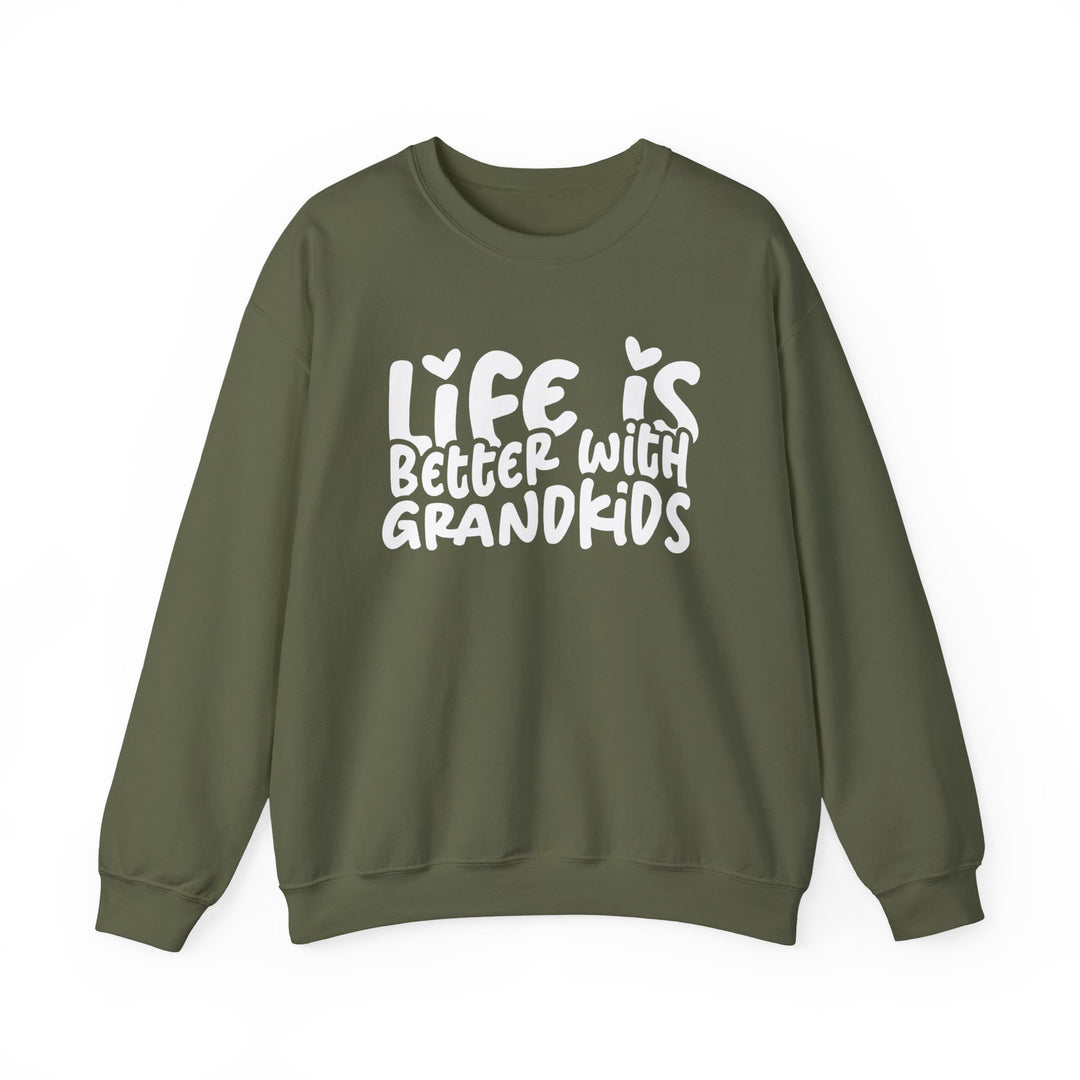 Olive-green crewneck sweatshirt with Life is Better with Grandkids slogan, featuring a comfortable, loose fit and durable blend of polyester and cotton.