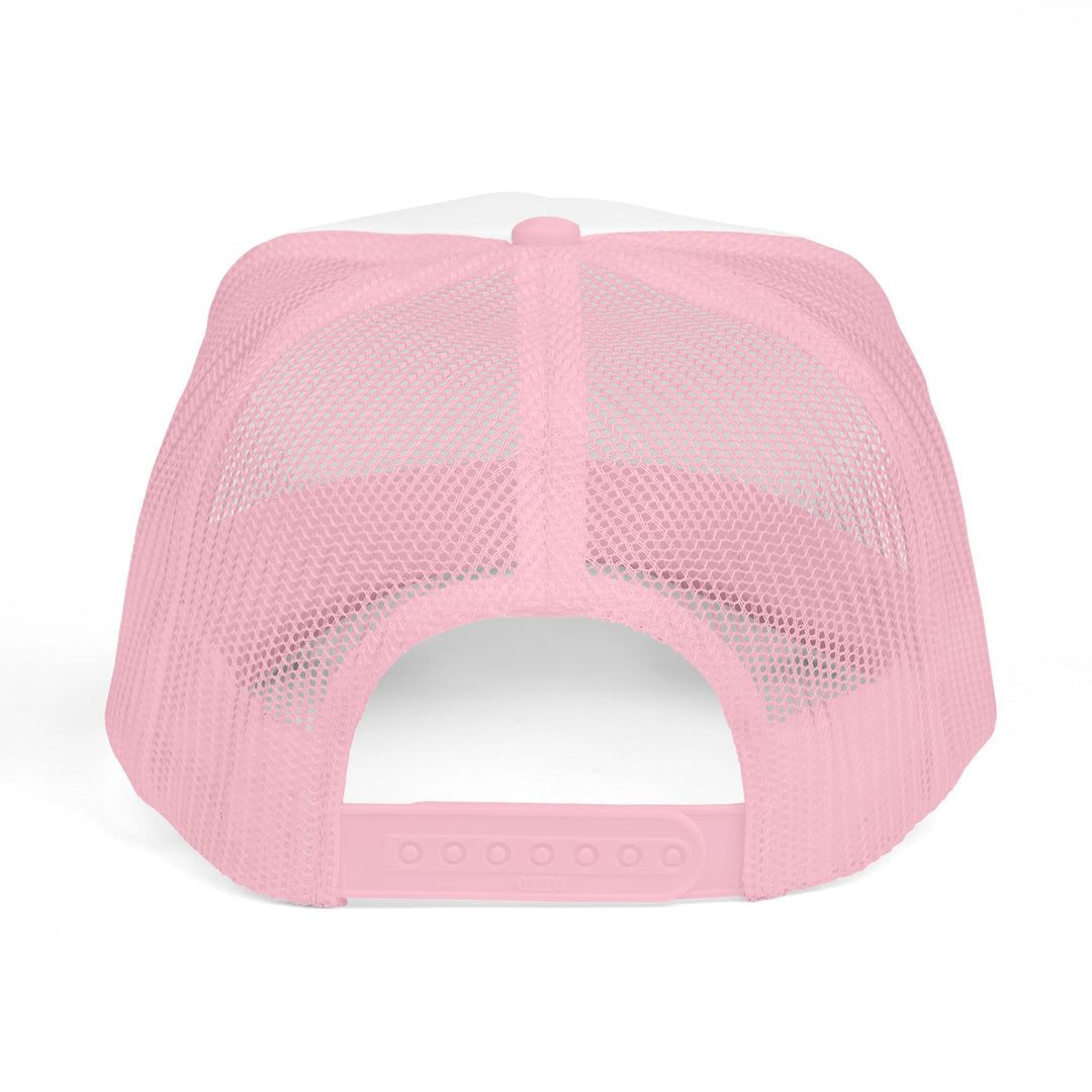 Back view of the Be Kind Foam Trucker Hat, featuring a pink mesh back and adjustable snap-closure, highlighting its classic trucker-style design.