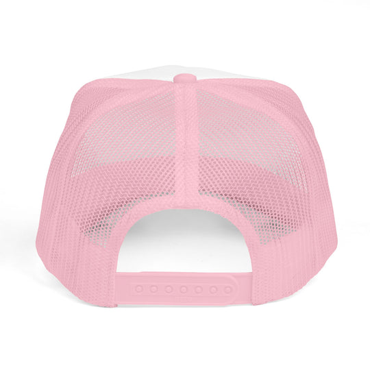 Back view of the Be Kind Foam Trucker Hat, featuring a pink mesh back and adjustable snap-closure, highlighting its classic trucker-style design.