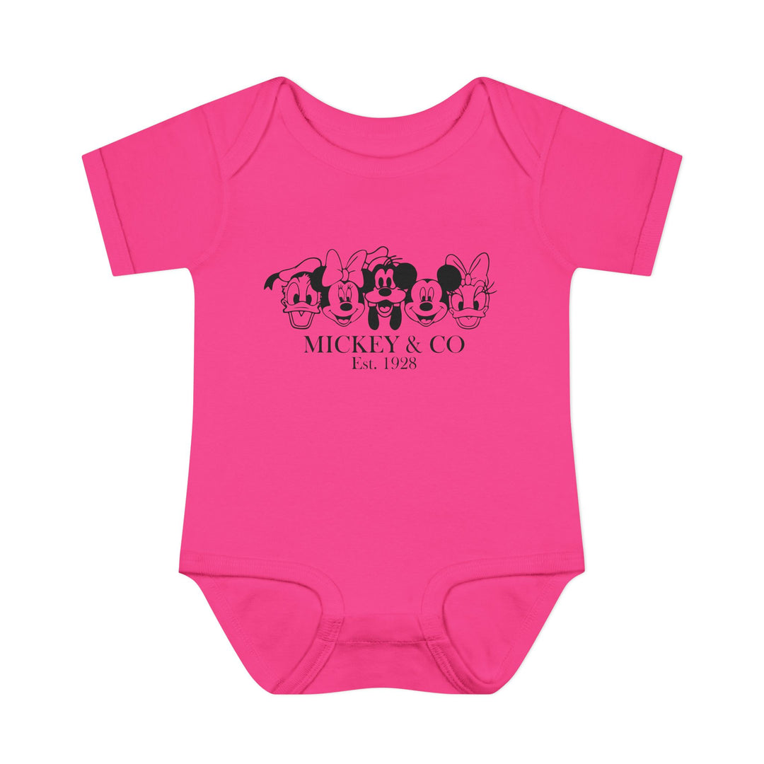 Mickey and CO Onesie, a soft infant bodysuit with lap shoulders, designed for comfort and easy dressing, ideal for young children, featuring 100% ring-spun cotton.