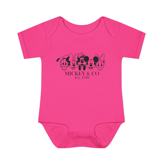 Mickey and CO Onesie, a soft infant bodysuit with lap shoulders, designed for comfort and easy dressing, ideal for young children, featuring 100% ring-spun cotton.