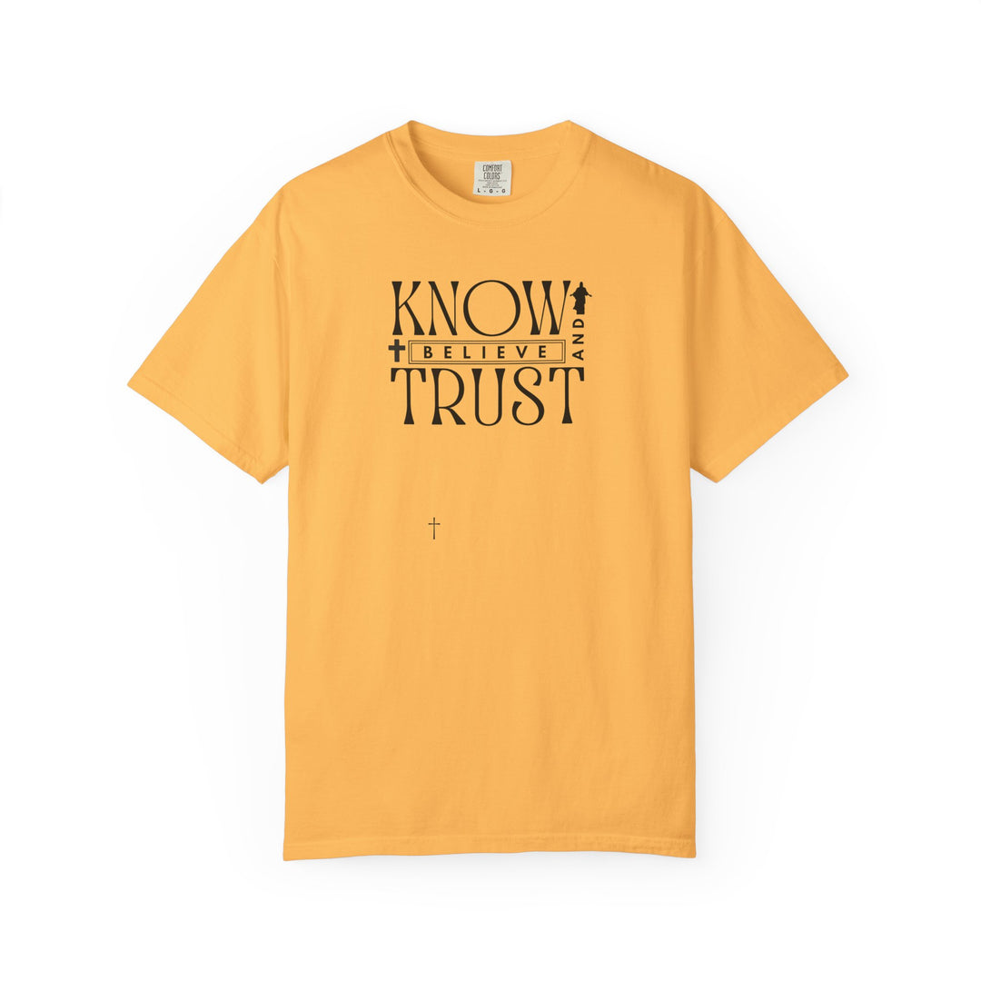 Know, Trust, Believe Tee: Yellow t-shirt featuring a cross and black text, made from 100% ring-spun cotton with a relaxed fit and durable double-needle stitching.