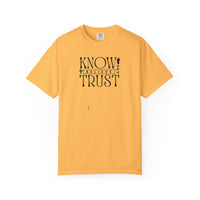 Know, Trust, Believe Tee: Yellow t-shirt featuring a cross and black text, made from 100% ring-spun cotton with a relaxed fit and durable double-needle stitching.