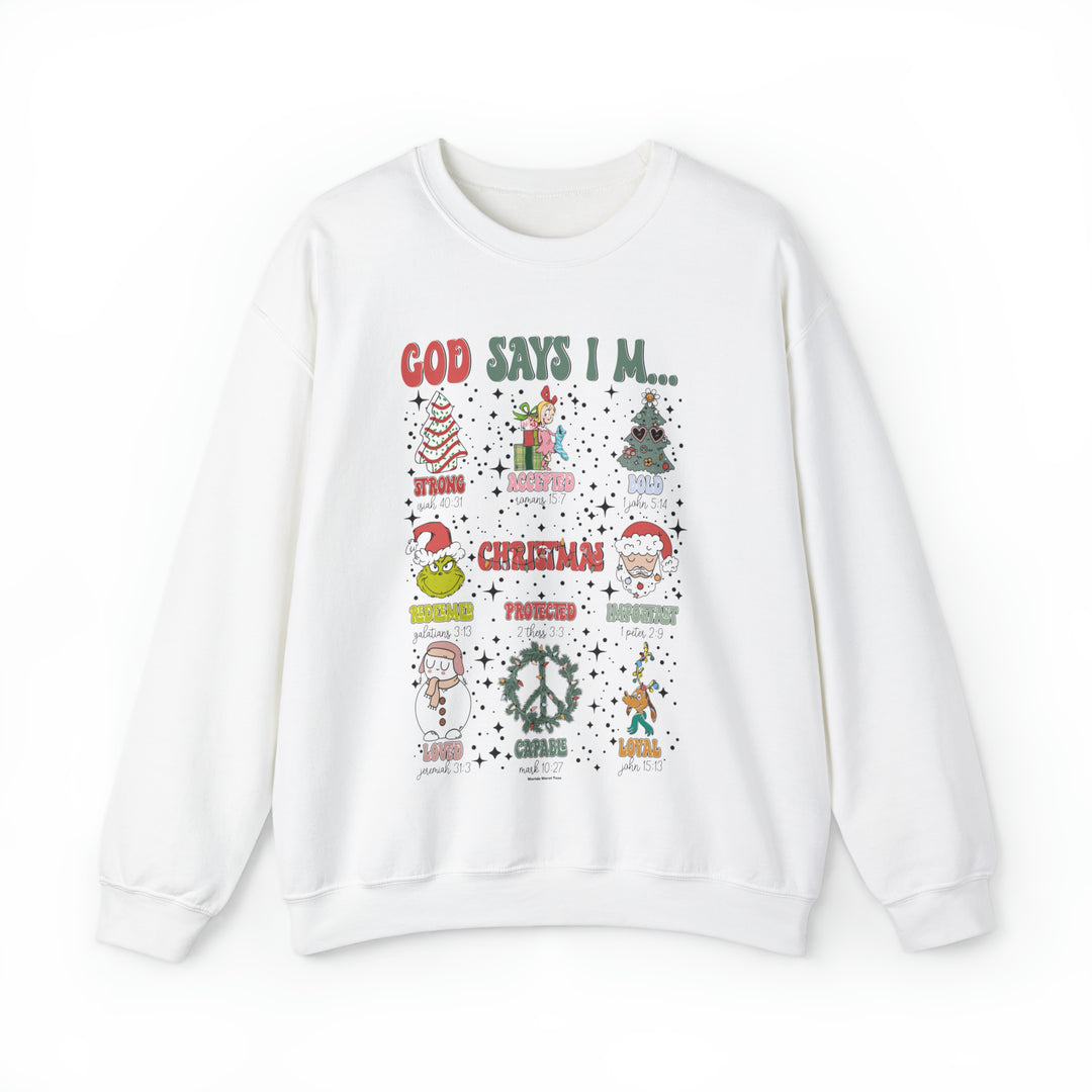 A white crewneck sweatshirt featuring various designs: a Christmas tree, Santa Claus, snowman, and peace sign. Unisex, heavy blend fabric with ribbed knit collar for comfort. God Says I'm Crew label.