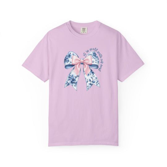 It is Well With My Soul Tee featuring a decorative bow with floral pattern and inspiring quote, offering luxurious comfort and style in various sizes.