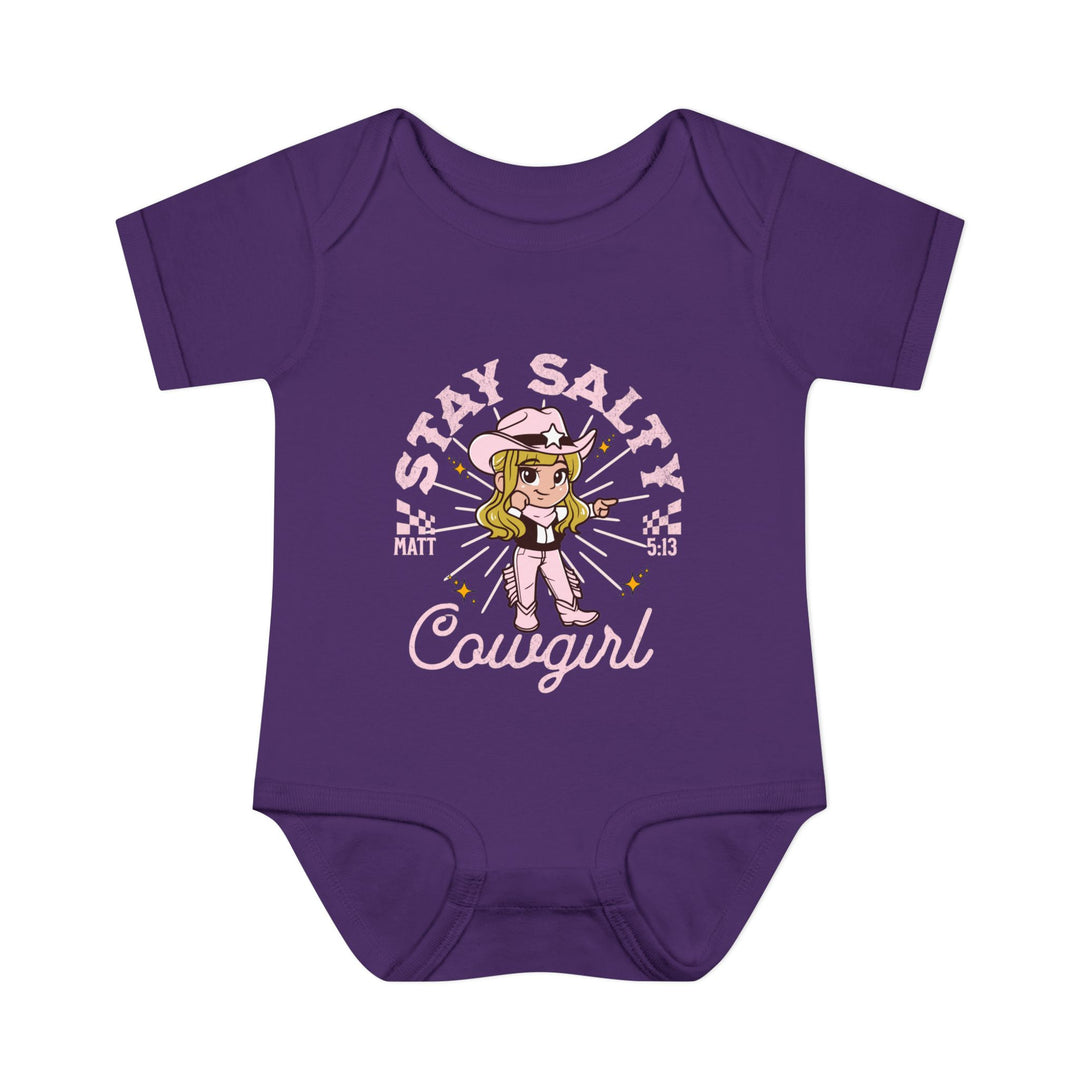 Purple Salty Cowgirl Onesie featuring a cartoon girl in a cowboy hat, designed for infants with soft, ring-spun cotton and lap shoulders for comfort.