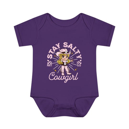 Purple Salty Cowgirl Onesie featuring a cartoon girl in a cowboy hat, designed for infants with soft, ring-spun cotton and lap shoulders for comfort.